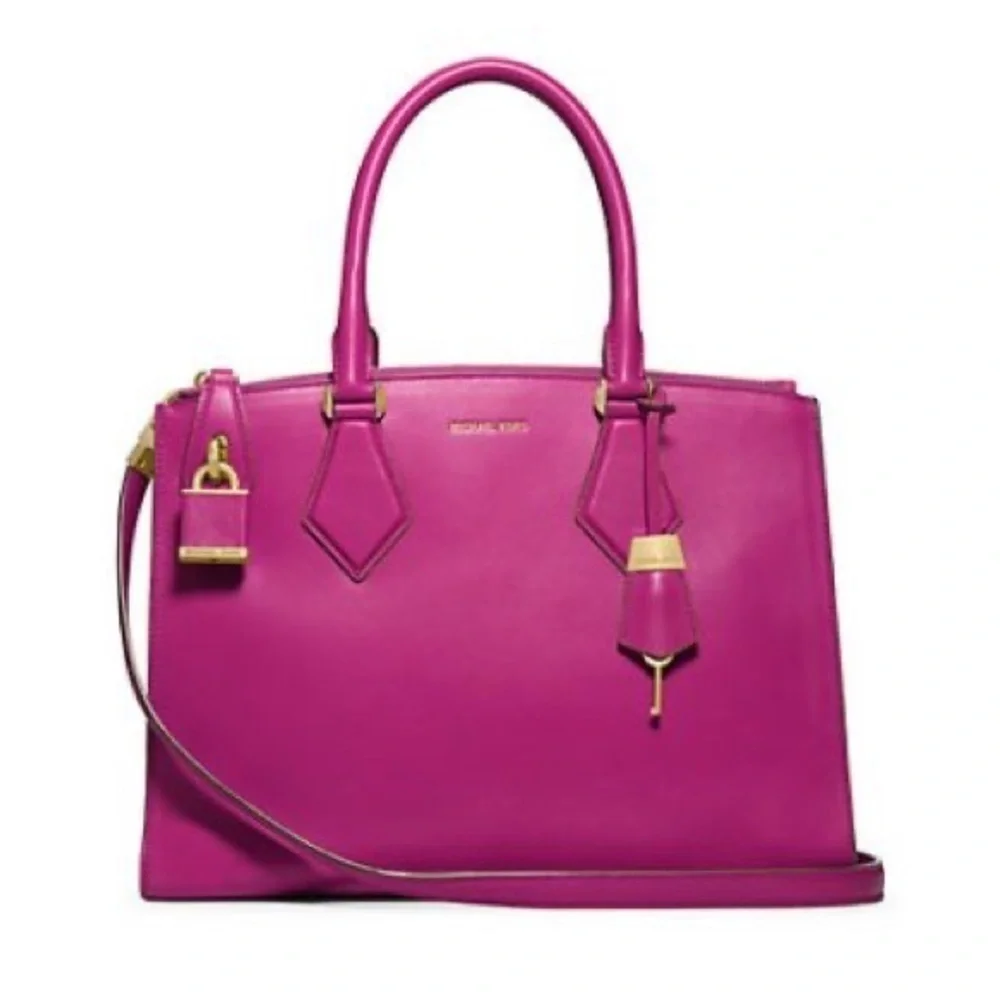 Michael Kors Collection Casey Large Leather Satchel Purse Padlock Bright Pink
